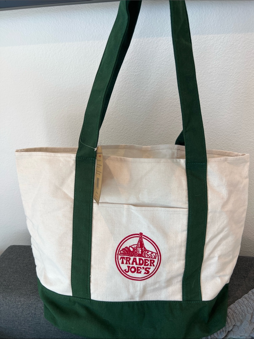 Trader joe 
Cream & Green Canvas Tote Bag